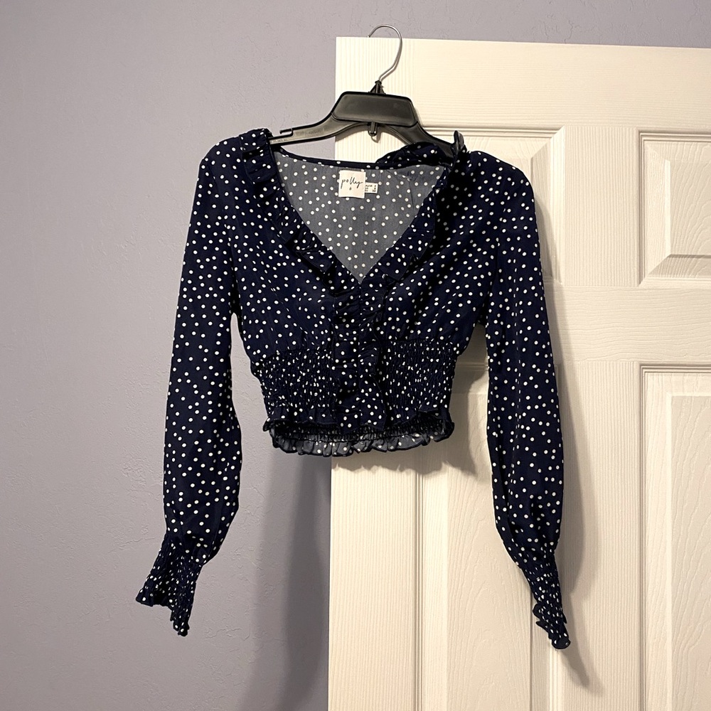 Princess Polly Navy Blouse with White Polka Dots